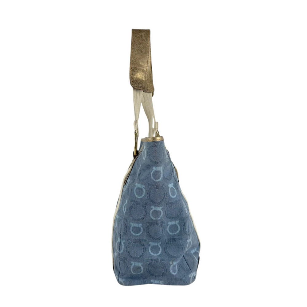 Salvatore Ferragamo leather tote shoulder bag gold canvas Gancini blue Gold Blue